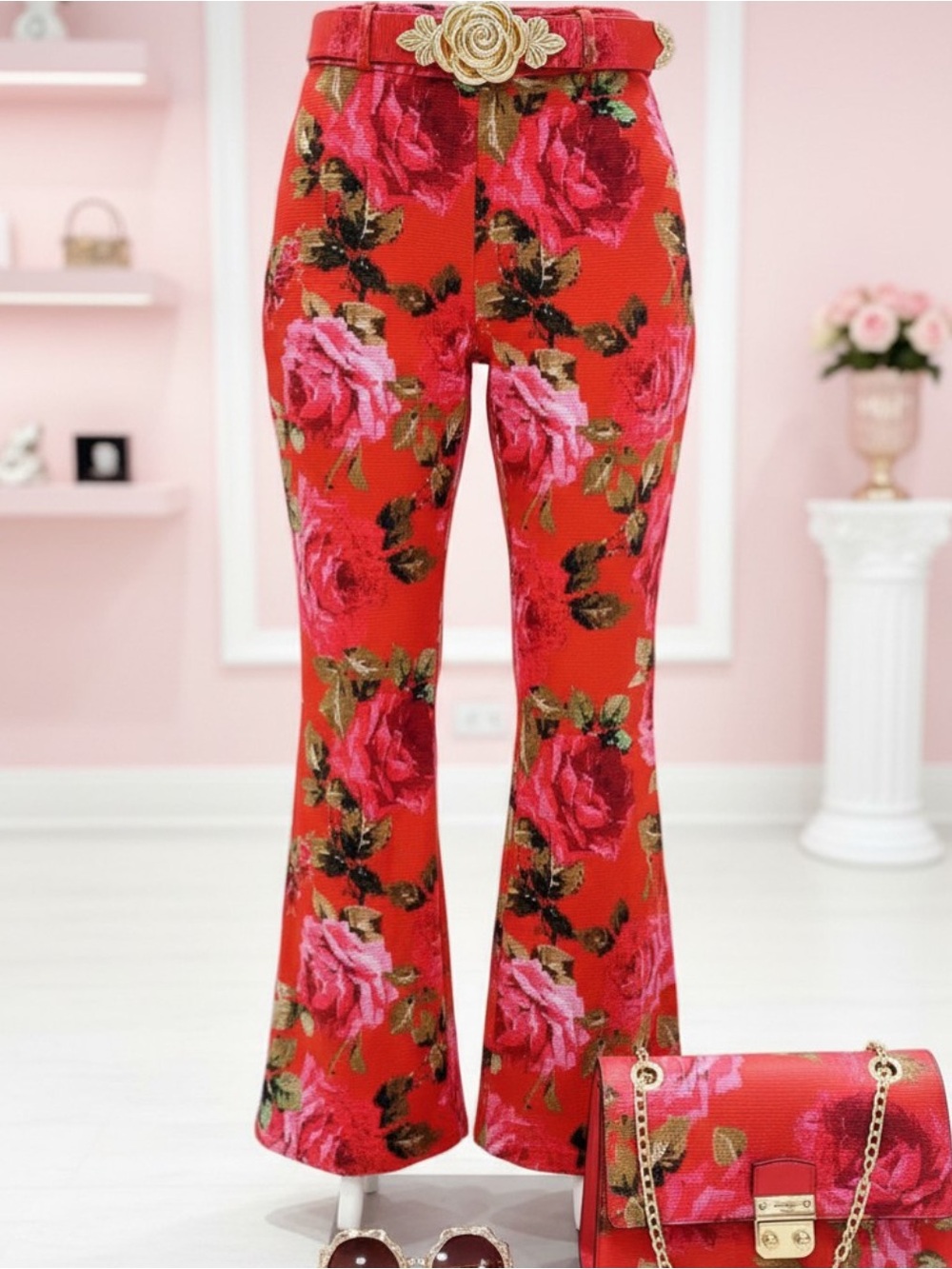ASOS LUXE Pixelated Rose Floral Print Pants Flare Red Size 8 - Picture 2 of 8